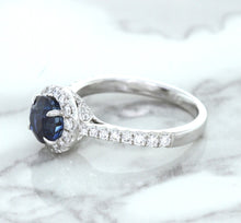 Load image into Gallery viewer, 1.82ct Round Blue Sapphire Ring with Diamond Halo in 18K White Gold
