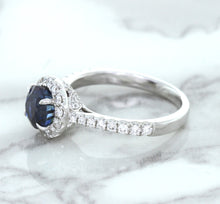 Load image into Gallery viewer, 1.82ct Round Blue Sapphire Ring with Diamond Halo in 18K White Gold