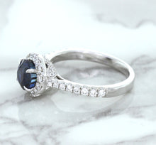 Load image into Gallery viewer, 1.82ct Round Blue Sapphire Ring with Diamond Halo in 18K White Gold