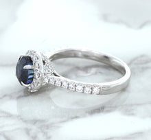 Load image into Gallery viewer, 1.82ct Round Blue Sapphire Ring with Diamond Halo in 18K White Gold