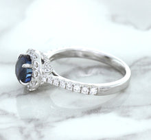 Load image into Gallery viewer, 1.82ct Round Blue Sapphire Ring with Diamond Halo in 18K White Gold