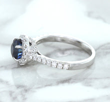 Load image into Gallery viewer, 1.82ct Round Blue Sapphire Ring with Diamond Halo in 18K White Gold