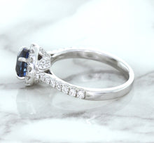 Load image into Gallery viewer, 1.82ct Round Blue Sapphire Ring with Diamond Halo in 18K White Gold