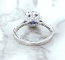 Load image into Gallery viewer, 1.82ct Round Blue Sapphire Ring with Diamond Halo in 18K White Gold