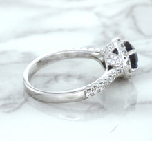 Load image into Gallery viewer, 1.82ct Round Blue Sapphire Ring with Diamond Halo in 18K White Gold