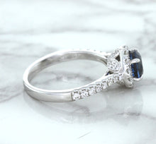 Load image into Gallery viewer, 1.82ct Round Blue Sapphire Ring with Diamond Halo in 18K White Gold