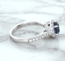 Load image into Gallery viewer, 1.82ct Round Blue Sapphire Ring with Diamond Halo in 18K White Gold