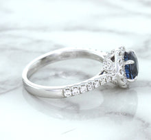 Load image into Gallery viewer, 1.82ct Round Blue Sapphire Ring with Diamond Halo in 18K White Gold