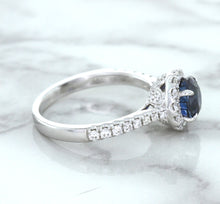 Load image into Gallery viewer, 1.82ct Round Blue Sapphire Ring with Diamond Halo in 18K White Gold