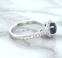 Load image into Gallery viewer, 1.82ct Round Blue Sapphire Ring with Diamond Halo in 18K White Gold