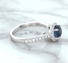 Load image into Gallery viewer, 1.82ct Round Blue Sapphire Ring with Diamond Halo in 18K White Gold