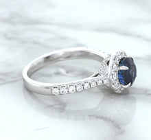 Load image into Gallery viewer, 1.82ct Round Blue Sapphire Ring with Diamond Halo in 18K White Gold