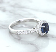 Load image into Gallery viewer, 1.82ct Round Blue Sapphire Ring with Diamond Halo in 18K White Gold