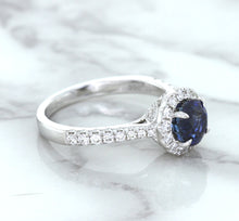 Load image into Gallery viewer, 1.82ct Round Blue Sapphire Ring with Diamond Halo in 18K White Gold