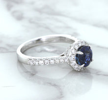 Load image into Gallery viewer, 1.82ct Round Blue Sapphire Ring with Diamond Halo in 18K White Gold