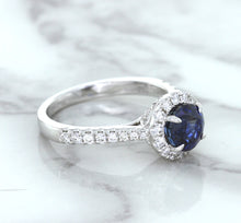 Load image into Gallery viewer, 1.82ct Round Blue Sapphire Ring with Diamond Halo in 18K White Gold