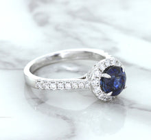 Load image into Gallery viewer, 1.82ct Round Blue Sapphire Ring with Diamond Halo in 18K White Gold