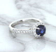 Load image into Gallery viewer, 1.82ct Round Blue Sapphire Ring with Diamond Halo in 18K White Gold