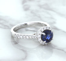 Load image into Gallery viewer, 1.82ct Round Blue Sapphire Ring with Diamond Halo in 18K White Gold