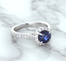 Load image into Gallery viewer, 1.82ct Round Blue Sapphire Ring with Diamond Halo in 18K White Gold