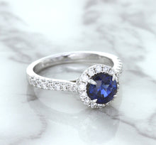 Load image into Gallery viewer, 1.82ct Round Blue Sapphire Ring with Diamond Halo in 18K White Gold