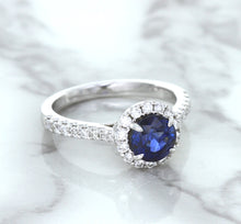 Load image into Gallery viewer, 1.82ct Round Blue Sapphire Ring with Diamond Halo in 18K White Gold