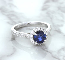 Load image into Gallery viewer, 1.82ct Round Blue Sapphire Ring with Diamond Halo in 18K White Gold