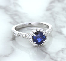 Load image into Gallery viewer, 1.82ct Round Blue Sapphire Ring with Diamond Halo in 18K White Gold