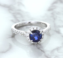 Load image into Gallery viewer, 1.82ct Round Blue Sapphire Ring with Diamond Halo in 18K White Gold