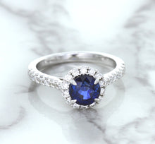 Load image into Gallery viewer, 1.82ct Round Blue Sapphire Ring with Diamond Halo in 18K White Gold