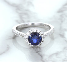 Load image into Gallery viewer, 1.82ct Round Blue Sapphire Ring with Diamond Halo in 18K White Gold