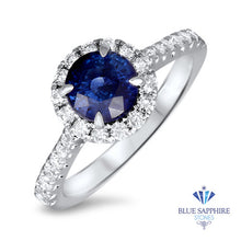 Load image into Gallery viewer, 1.82ct Round Blue Sapphire Ring with Diamond Halo in 18K White Gold