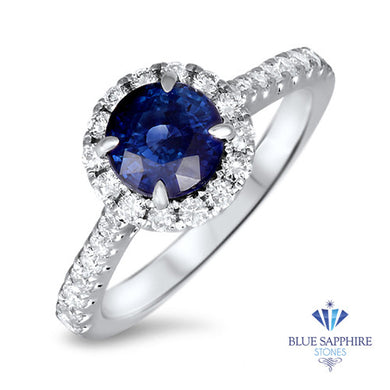 1.82ct Round Blue Sapphire Ring with Diamond Halo in 18K White Gold