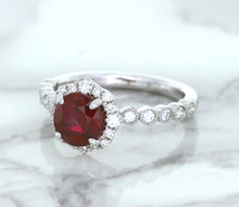 Load image into Gallery viewer, 1.75ct Unheated GIA Certified Round Ruby Ring with Diamond Halo in 18K White Gold