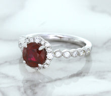 Load image into Gallery viewer, 1.75ct Unheated GIA Certified Round Ruby Ring with Diamond Halo in 18K White Gold