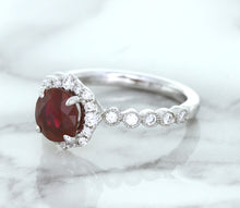 Load image into Gallery viewer, 1.75ct Unheated GIA Certified Round Ruby Ring with Diamond Halo in 18K White Gold