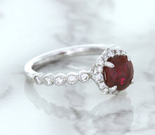 Load image into Gallery viewer, 1.75ct Unheated GIA Certified Round Ruby Ring with Diamond Halo in 18K White Gold