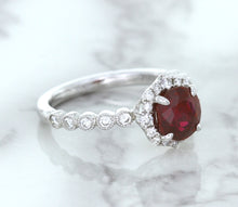 Load image into Gallery viewer, 1.75ct Unheated GIA Certified Round Ruby Ring with Diamond Halo in 18K White Gold