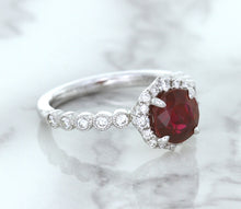 Load image into Gallery viewer, 1.75ct Unheated GIA Certified Round Ruby Ring with Diamond Halo in 18K White Gold