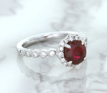 Load image into Gallery viewer, 1.75ct Unheated GIA Certified Round Ruby Ring with Diamond Halo in 18K White Gold