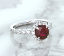 Load image into Gallery viewer, 1.75ct Unheated GIA Certified Round Ruby Ring with Diamond Halo in 18K White Gold