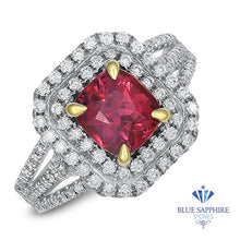 Load image into Gallery viewer, 2.00ct Cushion Ruby Ring with Double Diamond Halo in 18K White Gold