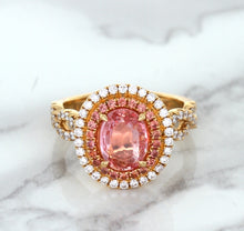 Load image into Gallery viewer, 2.07ct. Oval Padparadscha Ring with Sapphire and Diamond Halo in 18K Rose Gold