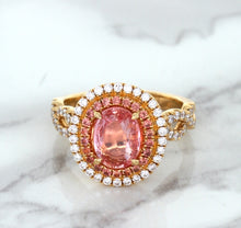 Load image into Gallery viewer, 2.07ct. Oval Padparadscha Ring with Sapphire and Diamond Halo in 18K Rose Gold