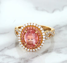 Load image into Gallery viewer, 2.07ct. Oval Padparadscha Ring with Sapphire and Diamond Halo in 18K Rose Gold