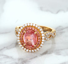 Load image into Gallery viewer, 2.07ct. Oval Padparadscha Ring with Sapphire and Diamond Halo in 18K Rose Gold