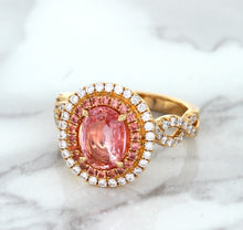 Load image into Gallery viewer, 2.07ct. Oval Padparadscha Ring with Sapphire and Diamond Halo in 18K Rose Gold
