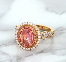 Load image into Gallery viewer, 2.07ct. Oval Padparadscha Ring with Sapphire and Diamond Halo in 18K Rose Gold