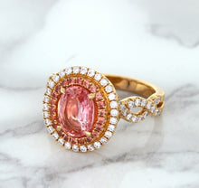 Load image into Gallery viewer, 2.07ct. Oval Padparadscha Ring with Sapphire and Diamond Halo in 18K Rose Gold