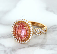 Load image into Gallery viewer, 2.07ct. Oval Padparadscha Ring with Sapphire and Diamond Halo in 18K Rose Gold